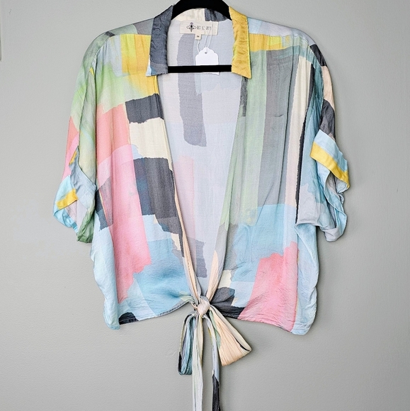 Just BEE Queen Women's Multicolor Abstract Short-Sleeve Crop Chiara Top, Size M - Picture 8 of 12